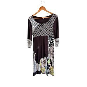 Linea Domani Patchwork Shift Dress Womens Size M Brown Boho Mixed Media Festival